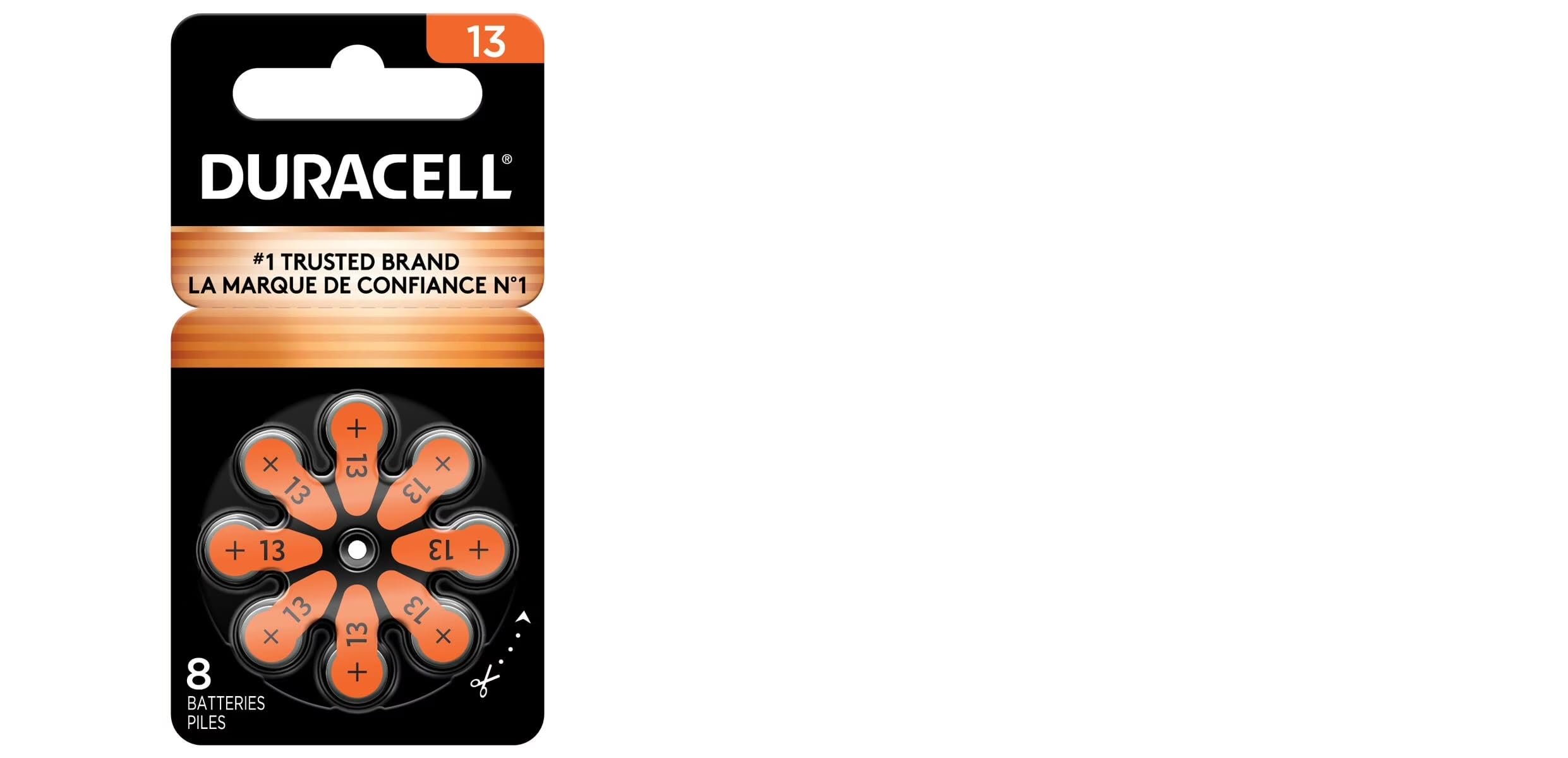 Duracell 13A orange hearing aid battery pack shown in a 32-count box.