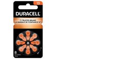 Duracell 13A orange hearing aid battery pack shown in a 32-count box.