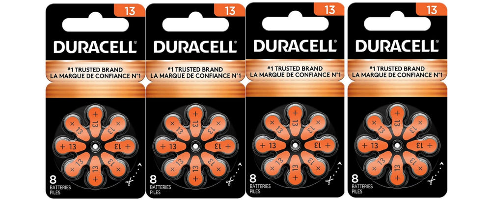 Duracell 13A orange hearing aid battery with extra-long tab for easy installation.