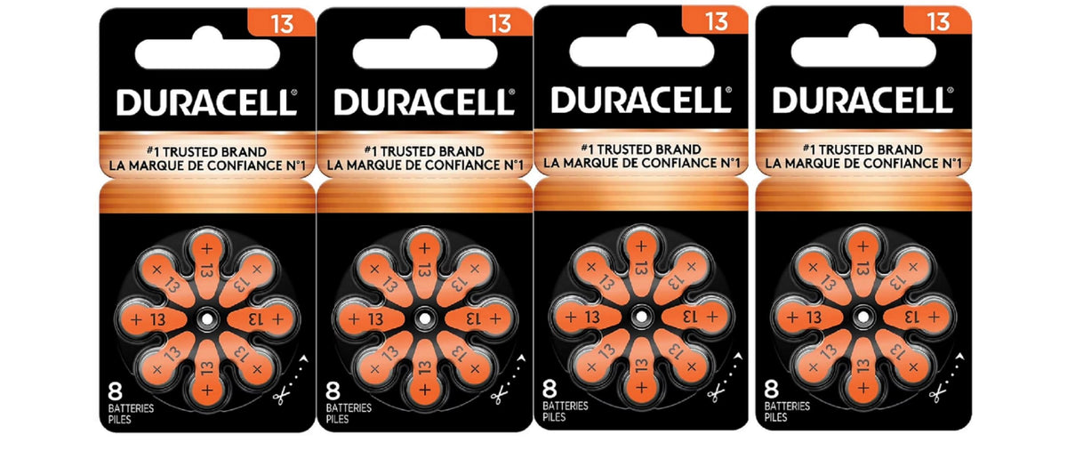 Duracell 13A orange hearing aid battery with extra-long tab for easy installation.