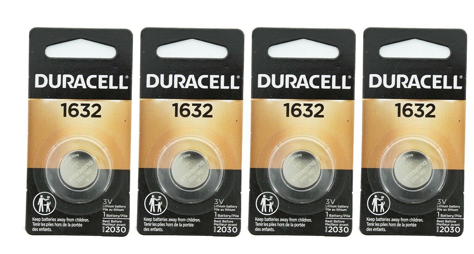 Duracell 1632 battery pack closeup showing four lithium coin cells for small devices.