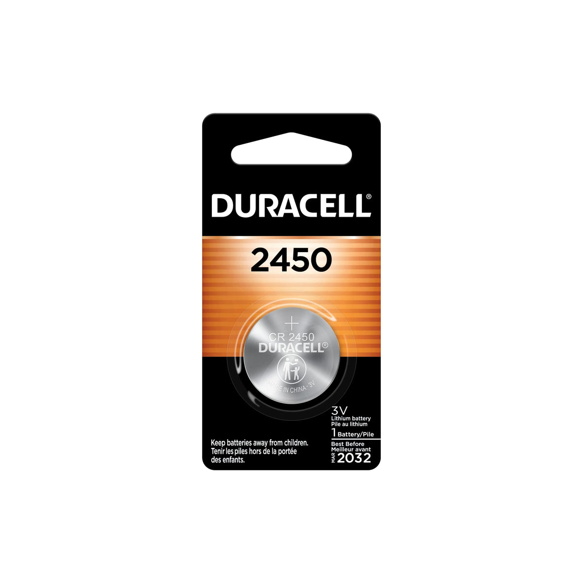 Duracell 2450 coin battery closeup showing compact power for devices