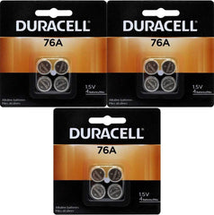 Duracell 76A LR44 Duralock 12-pack battery powering watches and small gadgets.