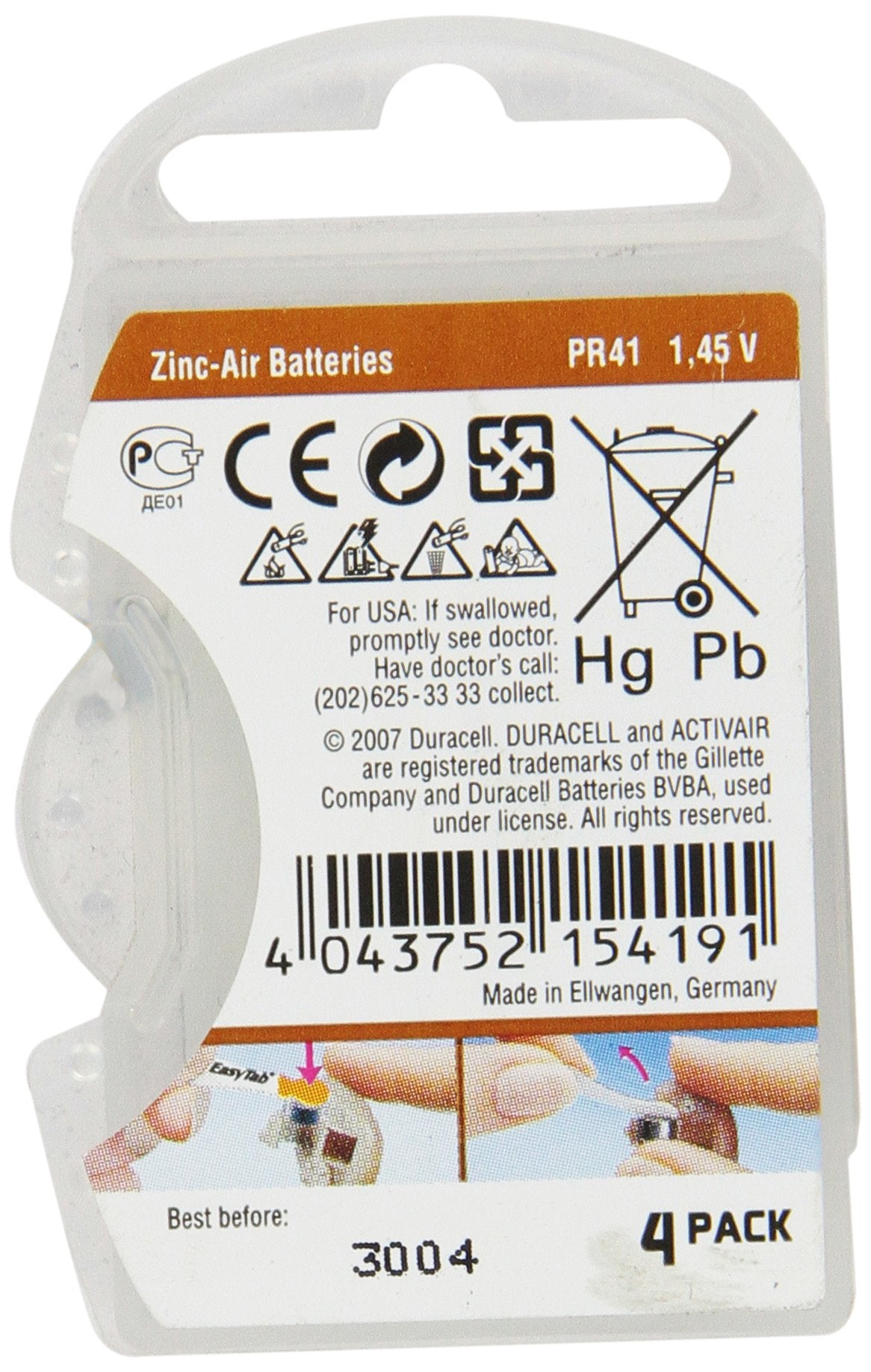 Duracell Activair Easy Tab 312 packaging designed for protection and easy storage