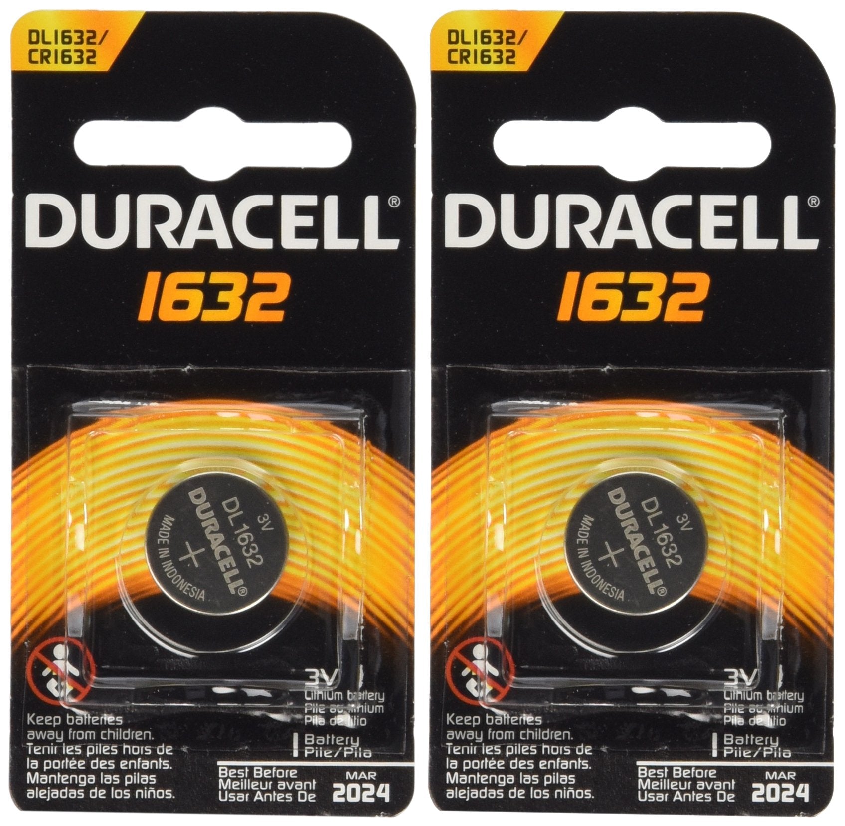 Duracell DL1632 battery front view, ideal for car remotes and key fobs.
