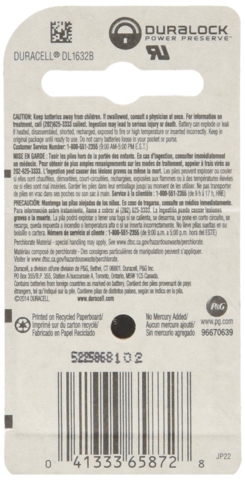 Duracell DL1632 battery side view, compact power for watches and gadgets.