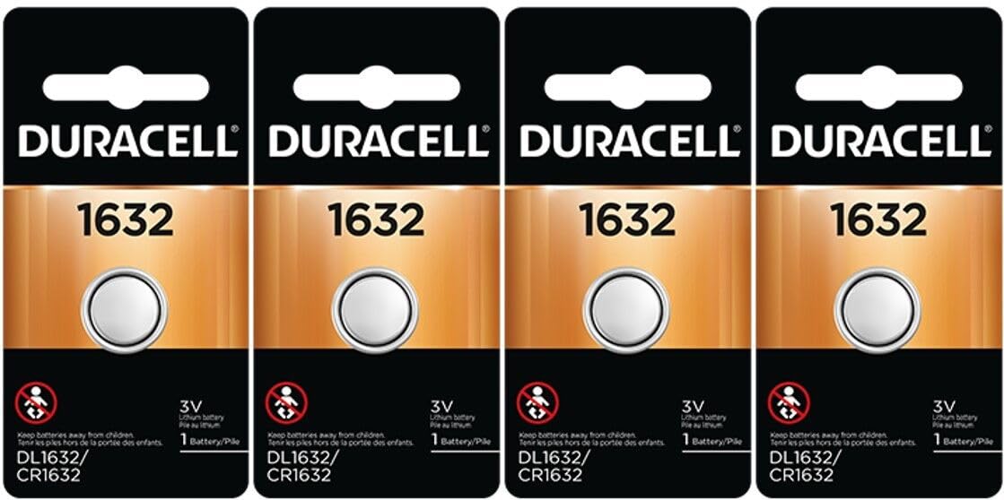 Duracell DL1632 pack front view showing long shelf life and broad device compatibility.