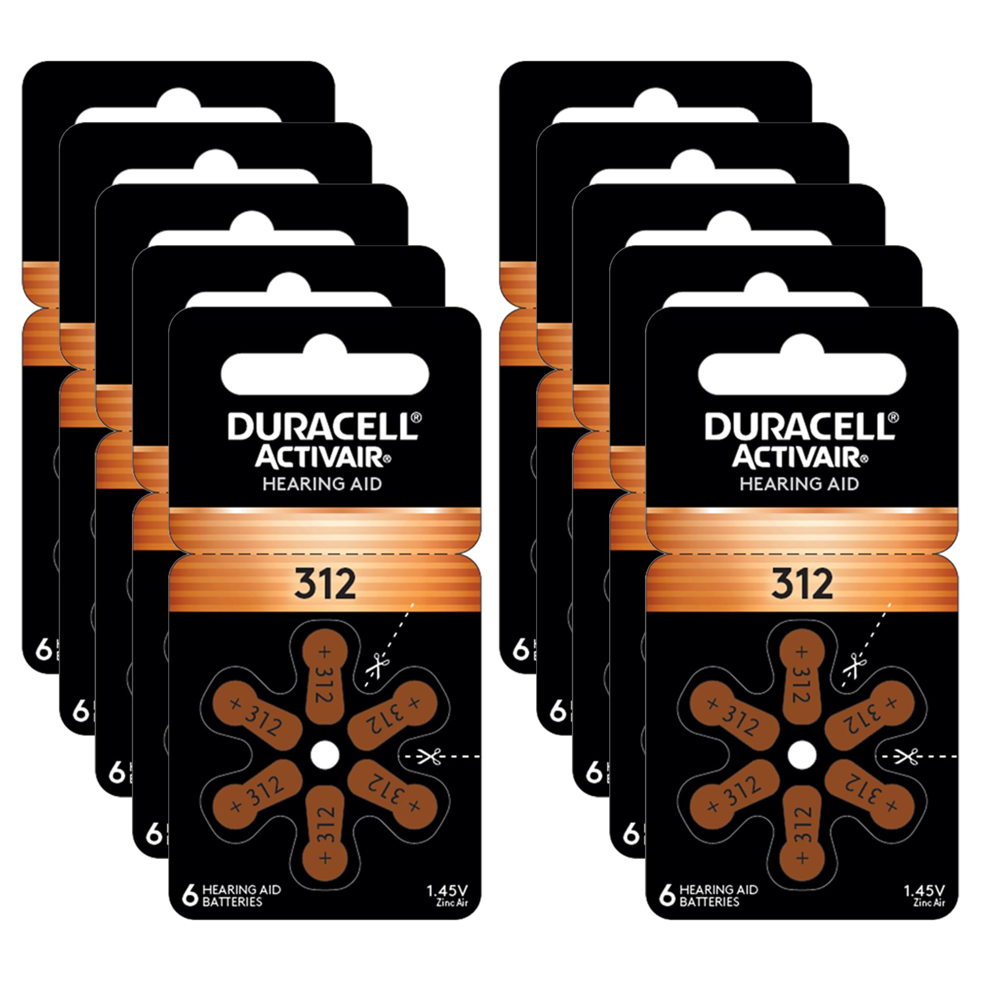 Duracell 312 hearing aid batteries with EasyTAB for easy replacement.