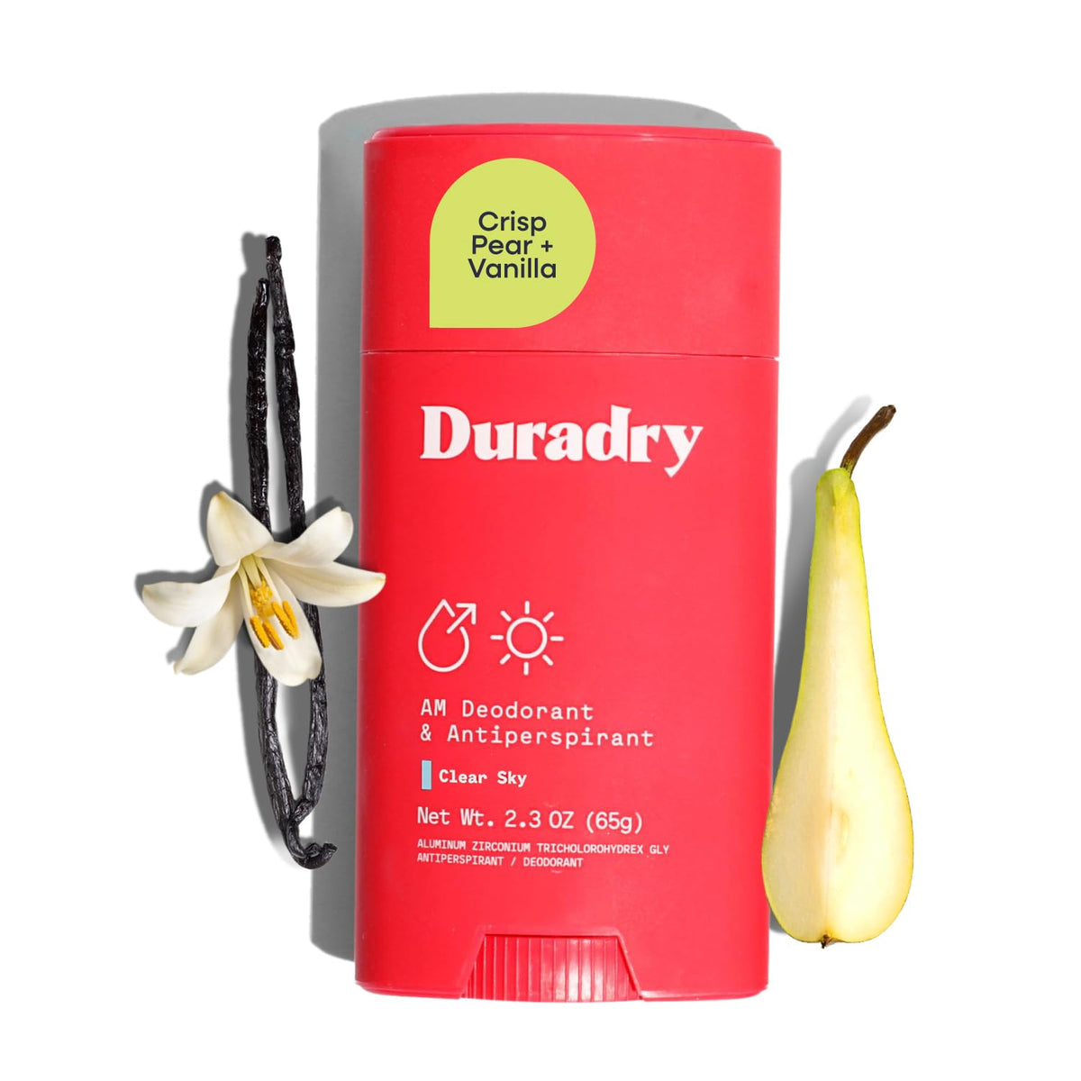 Duradry Clear Sky bottle closeup showing long-lasting freshness.