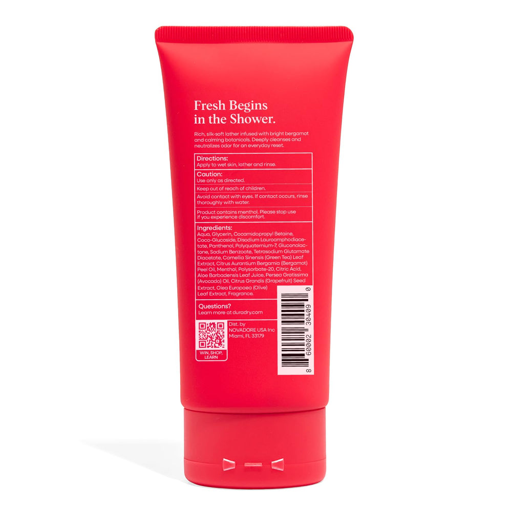 Duradry deodorizing body wash packaging shows easy access for daily showers.