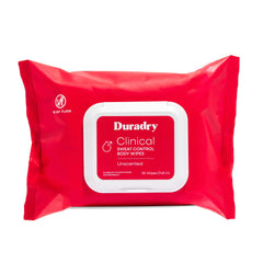 Duradry packaging of whole body wipes showing portable anti-sweat protection for travel