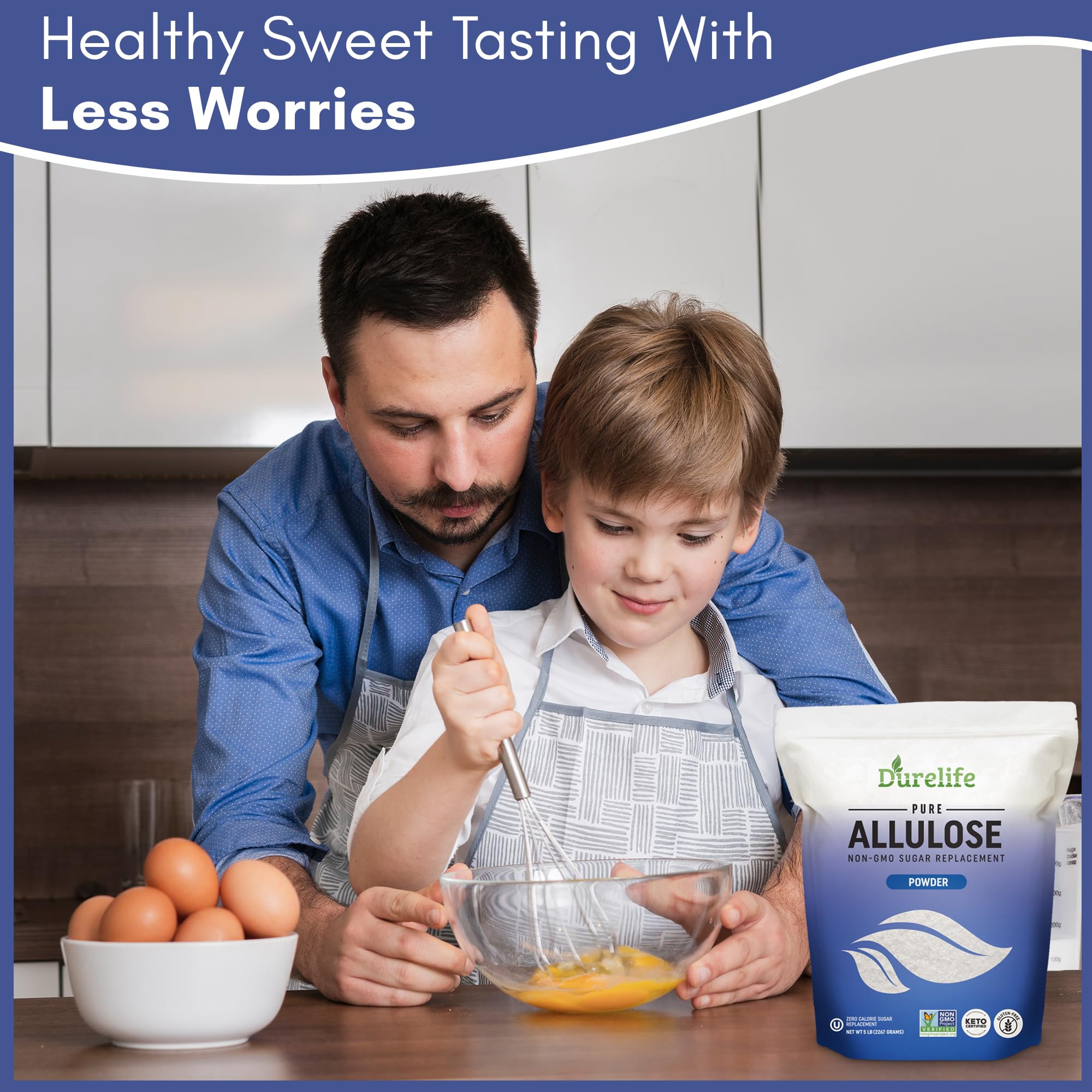 DureLife Allulose powder jar highlights pure, sugar-like texture for recipes.