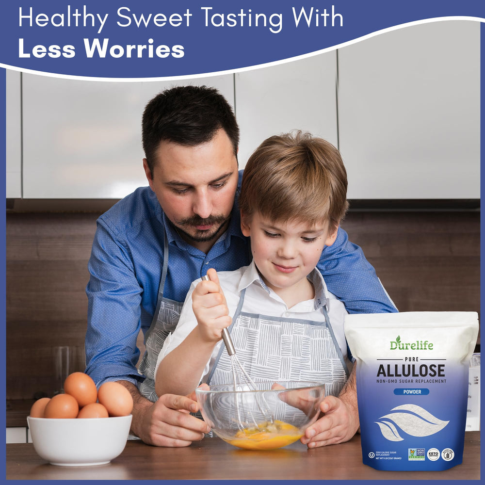 DureLife Allulose powder jar highlights pure, sugar-like texture for recipes.