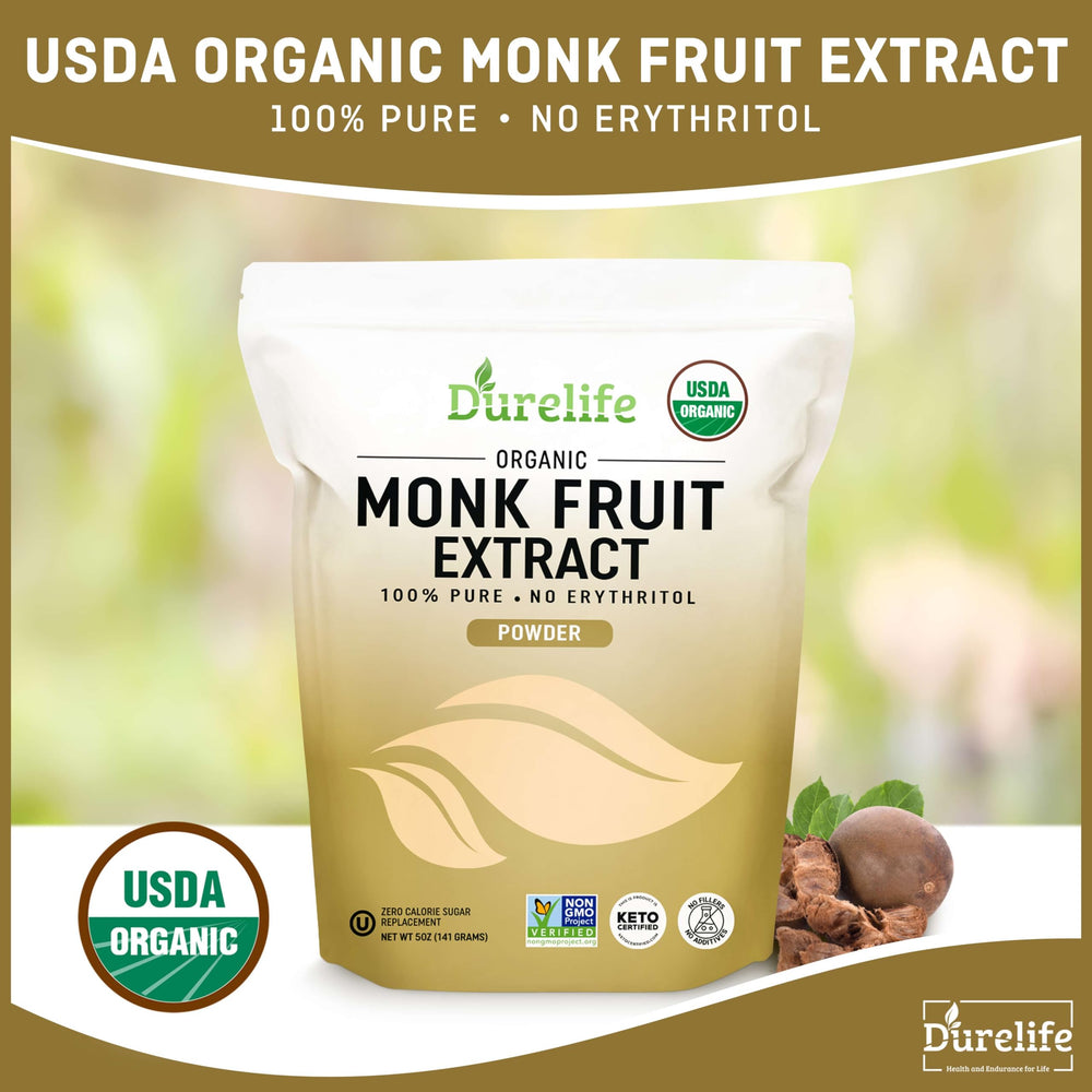 DureLife monk fruit sweetener label emphasizes organic and non-GMO