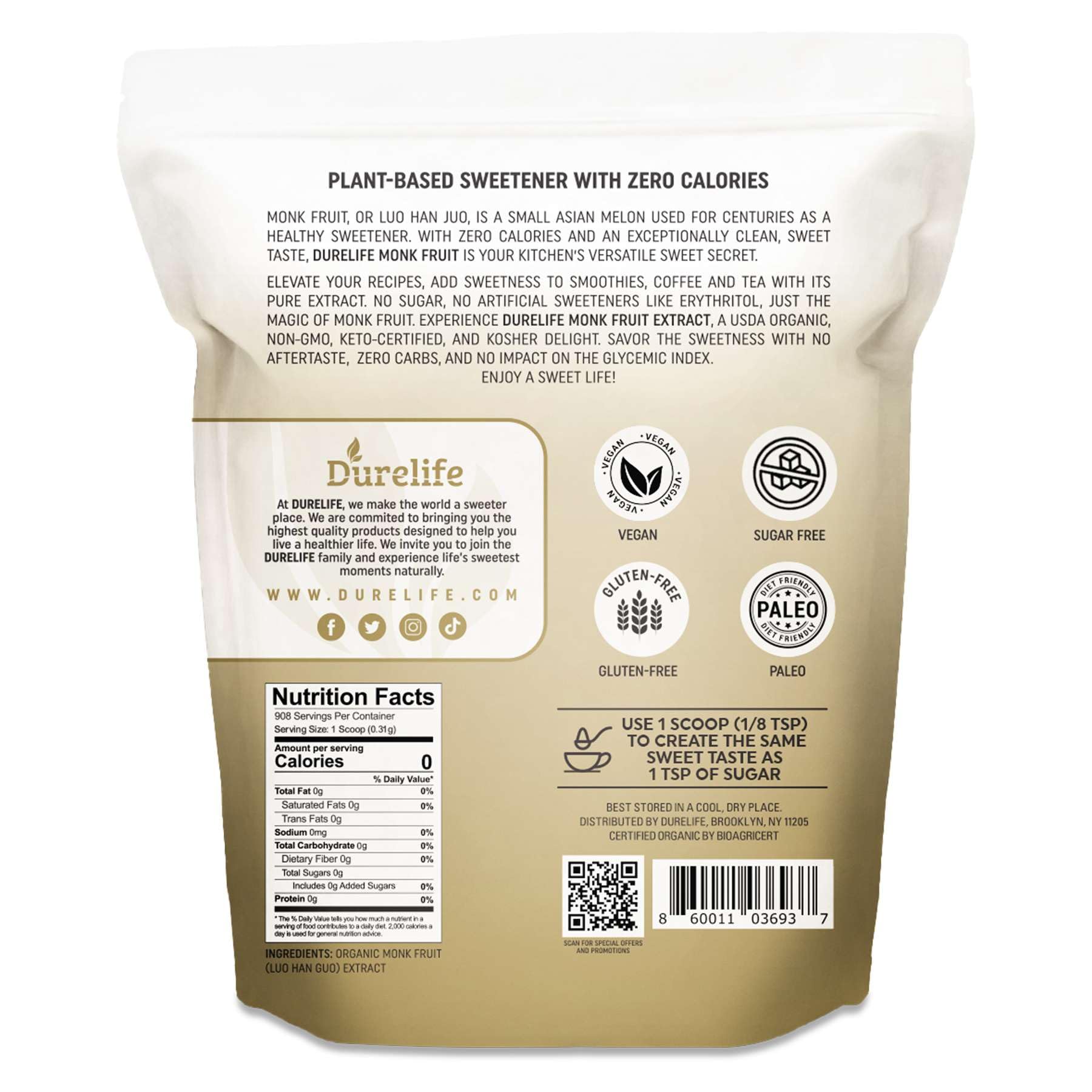 DureLife monk fruit sweetener pour demonstrates quick, low-calorie sweetening