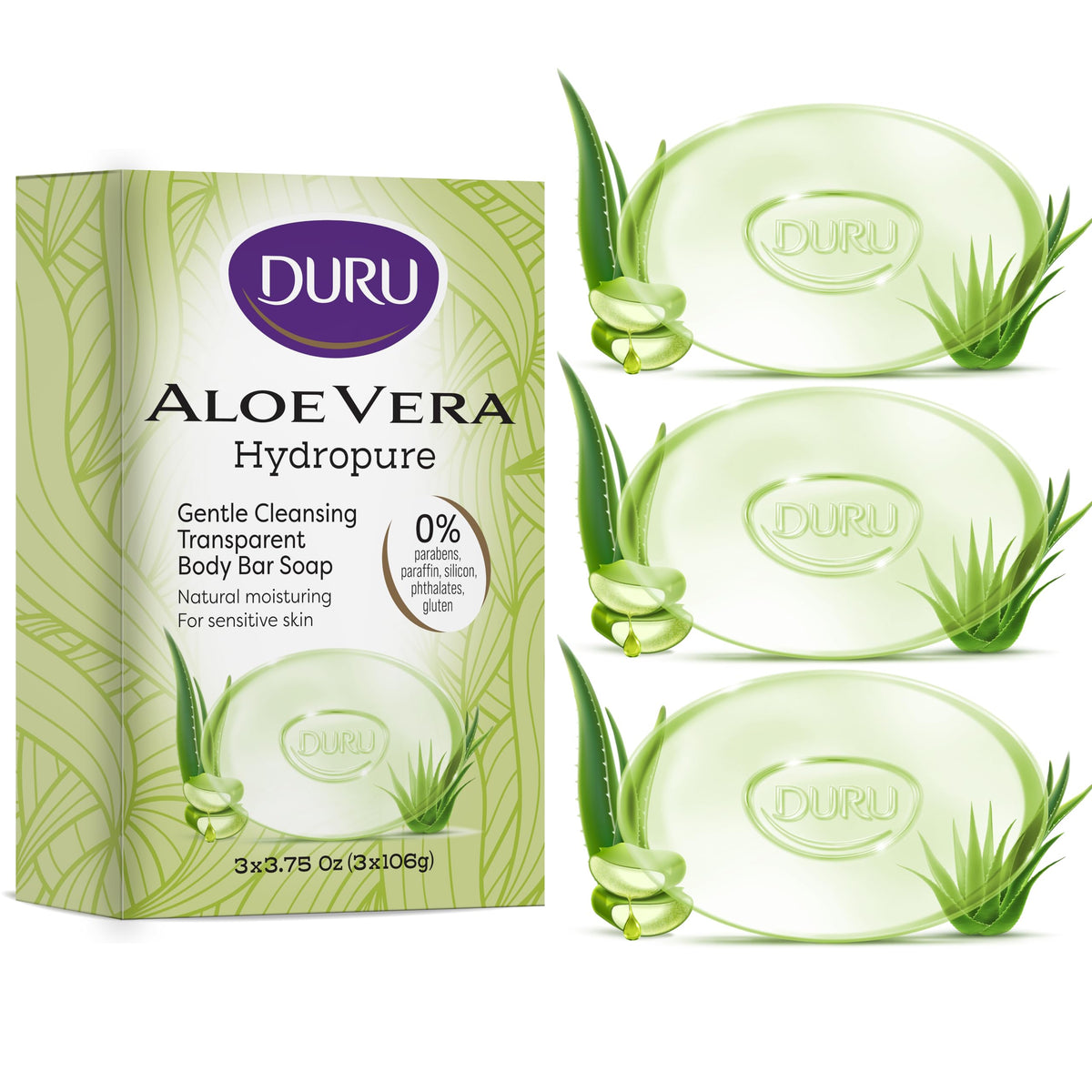 Duru Aloe Vera glycerin bar soap pack-3 front view for gentle cleansing.