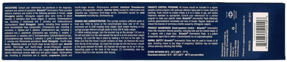 Étiquette Bimectin claire, sécurité et dosage affichés sur l'emballage.