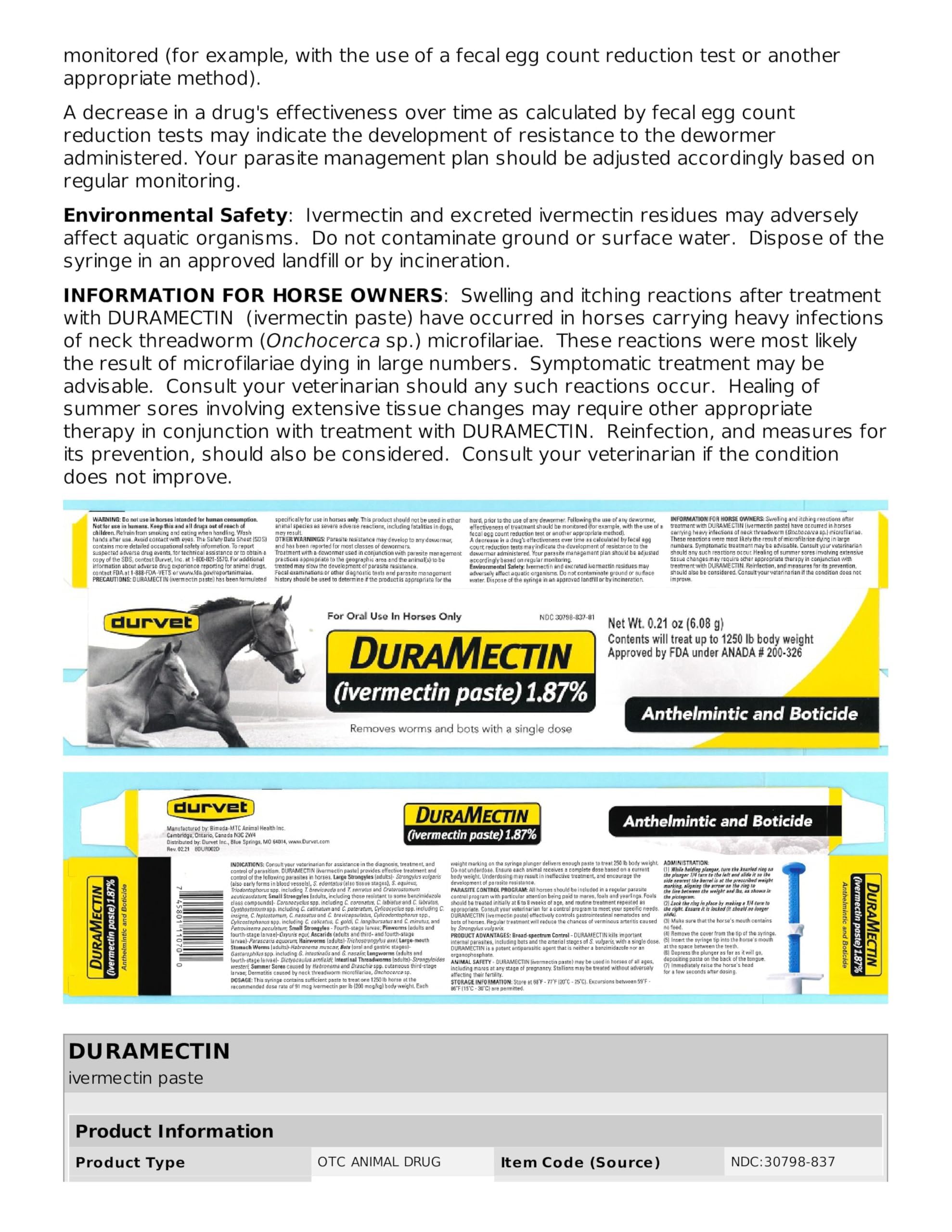 Durvet Duramectin paste label with dosage and safety notes.