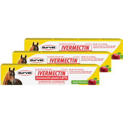 Durvet Ivermectin Paste Apple Flavored packaging for easy equine deworming.