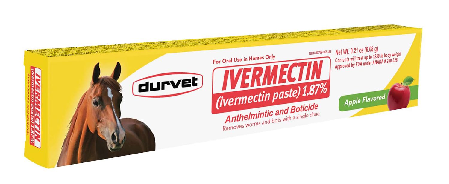 Durvet Ivermectin Paste bottle pour demonstrates easy dosing for horse deworming.