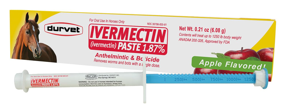 Durvet Ivermectin Paste dosing syringe ready for quick oral administration.