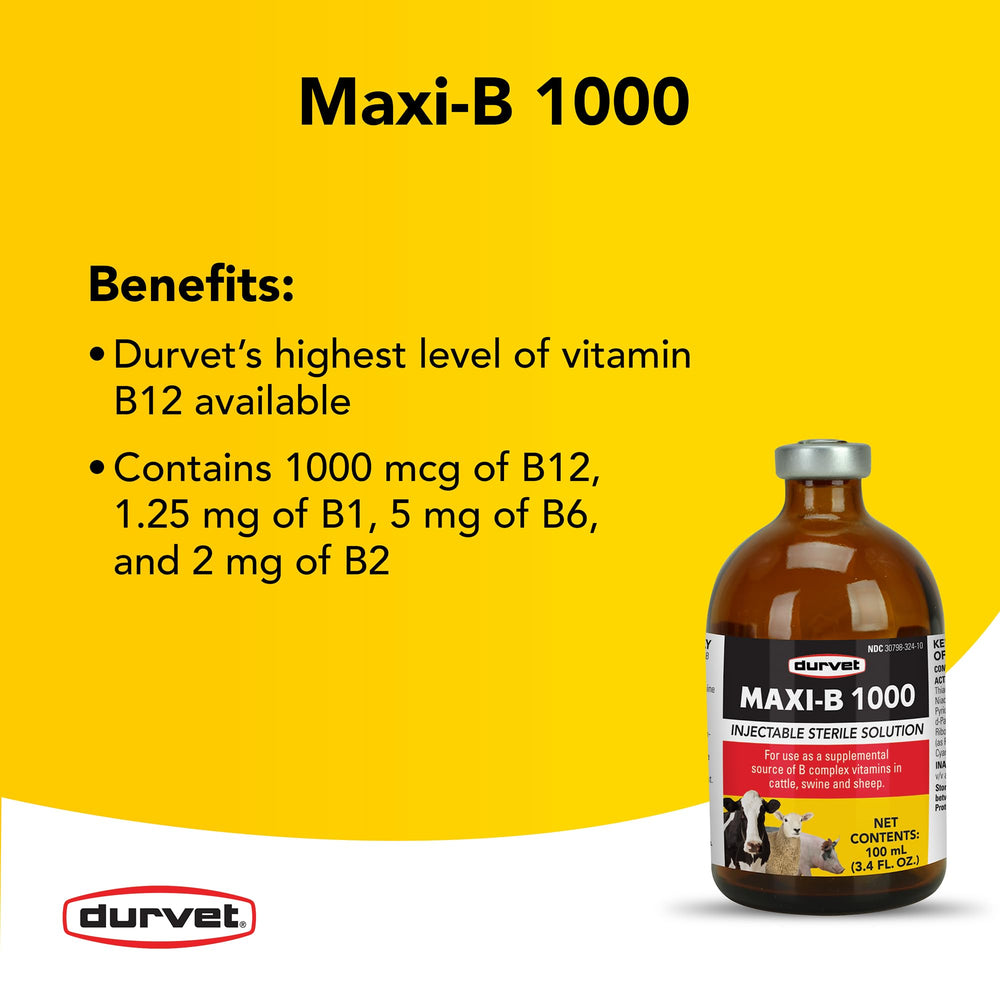 Close-up of Durvet Maxi-B 1000 bottle highlights cap and labeling for quick reference.