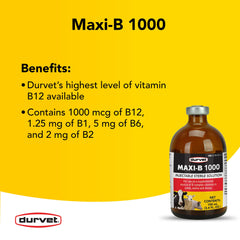 Close-up of Durvet Maxi-B 1000 bottle highlights cap and labeling for quick reference.