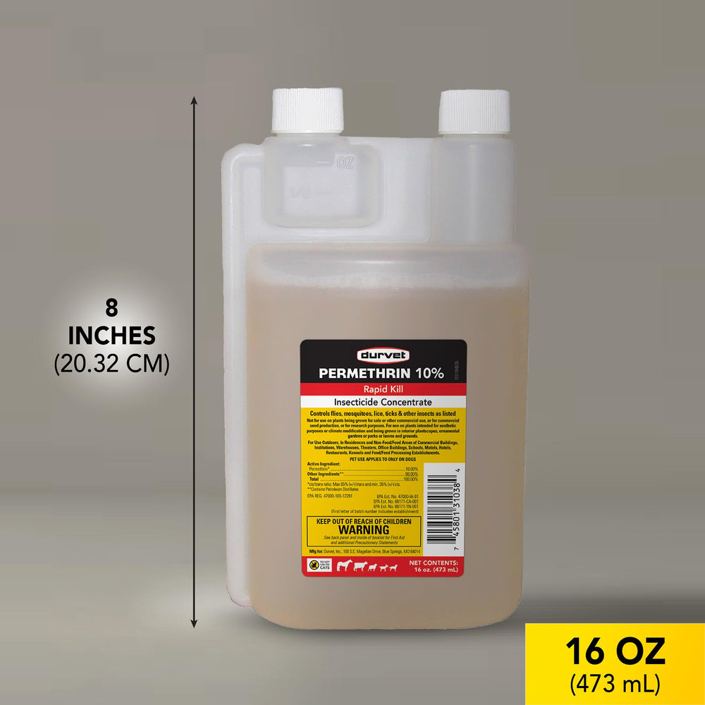Durvet Permethrin EC 10% ingredients list highlights active compound.