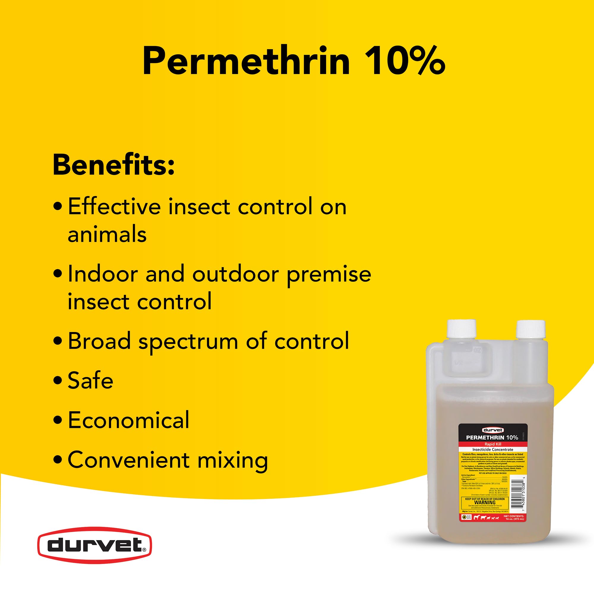 Durvet Permethrin EC 10% label shown with easy-to-read directions.