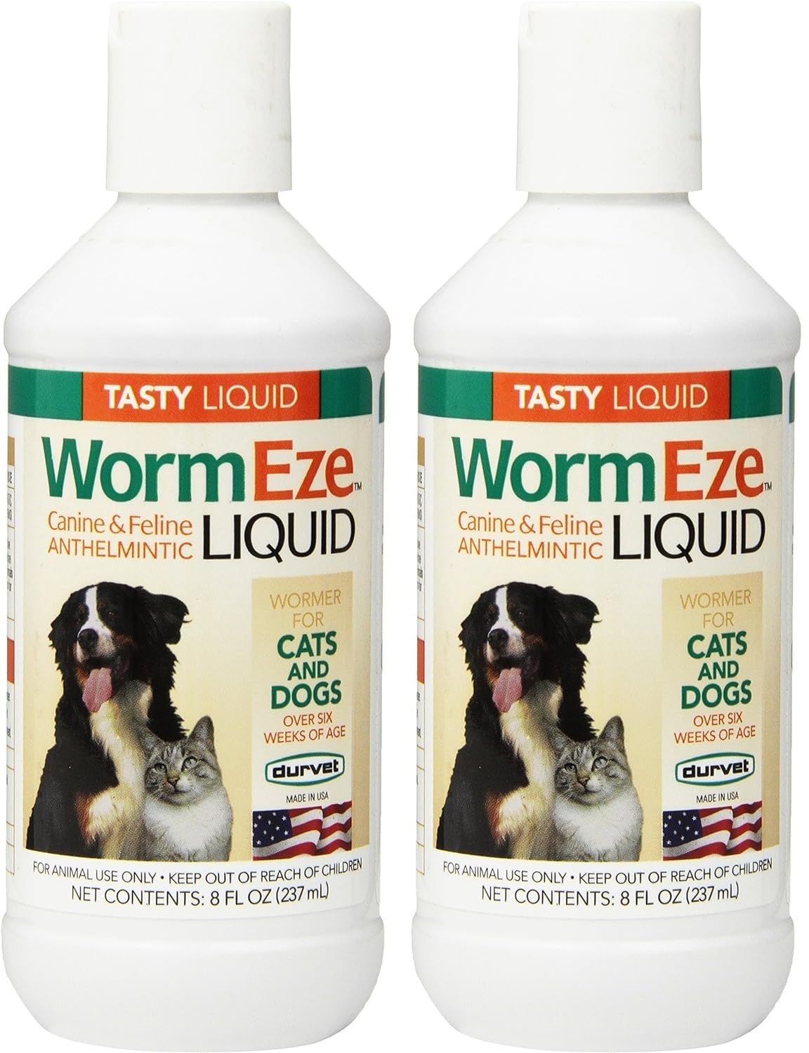 Durvet WormEze liquid bottle front view shows easy application for pets at home.