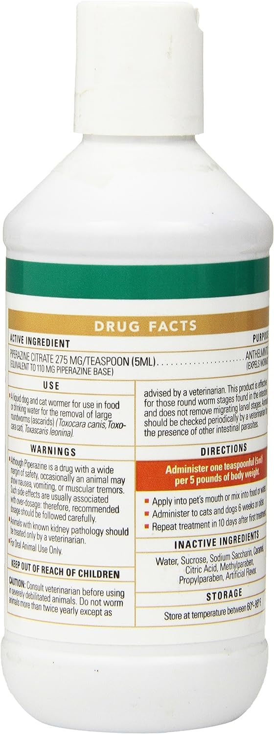 Durvet WormEze liquid bottle pour demonstrates convenient dosing into water or food.