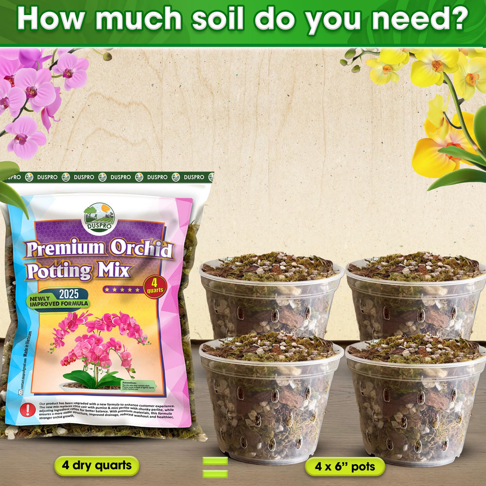 Duspro orchid mix balances moisture with moss and drainage minerals for orchids.