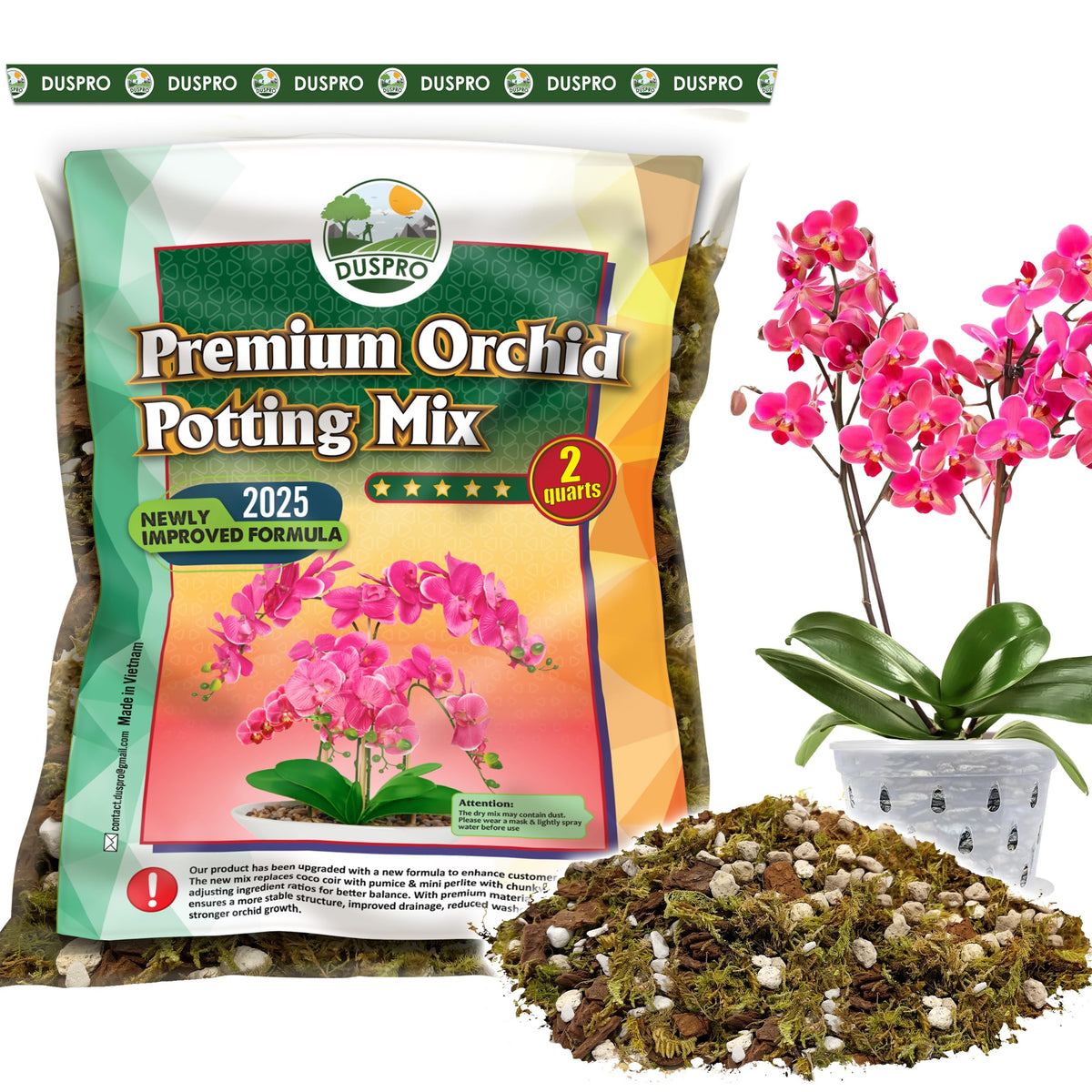 Duspro orchid potting mix bag demonstrates upgraded formula for healthier roots