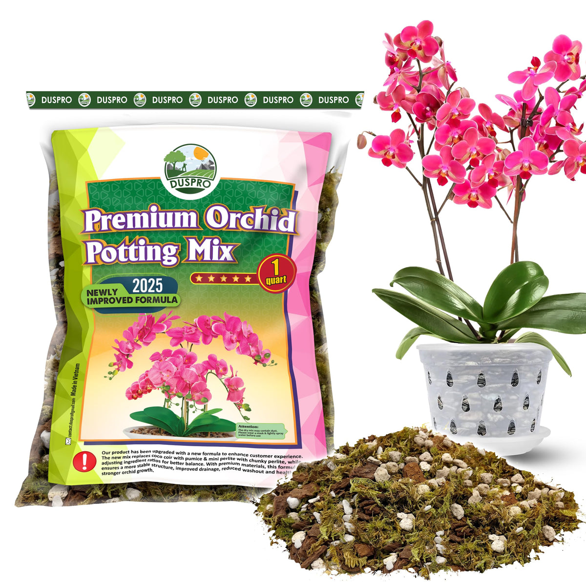 Duspro Orchid Potting Mix with forest moss bag promotes balanced moisture for orchids.