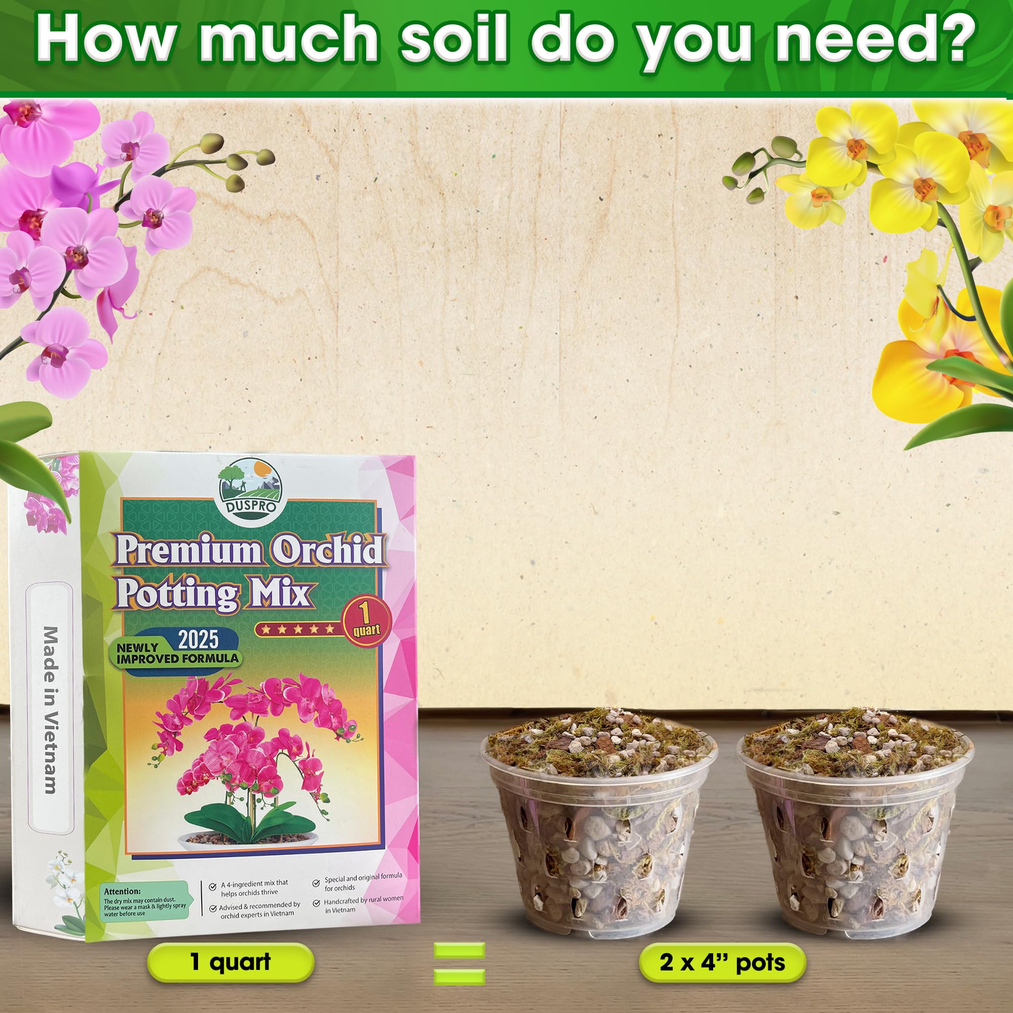 Duspro Orchid Potting Mix ready-to-use bag illustrates convenient repotting in one step.