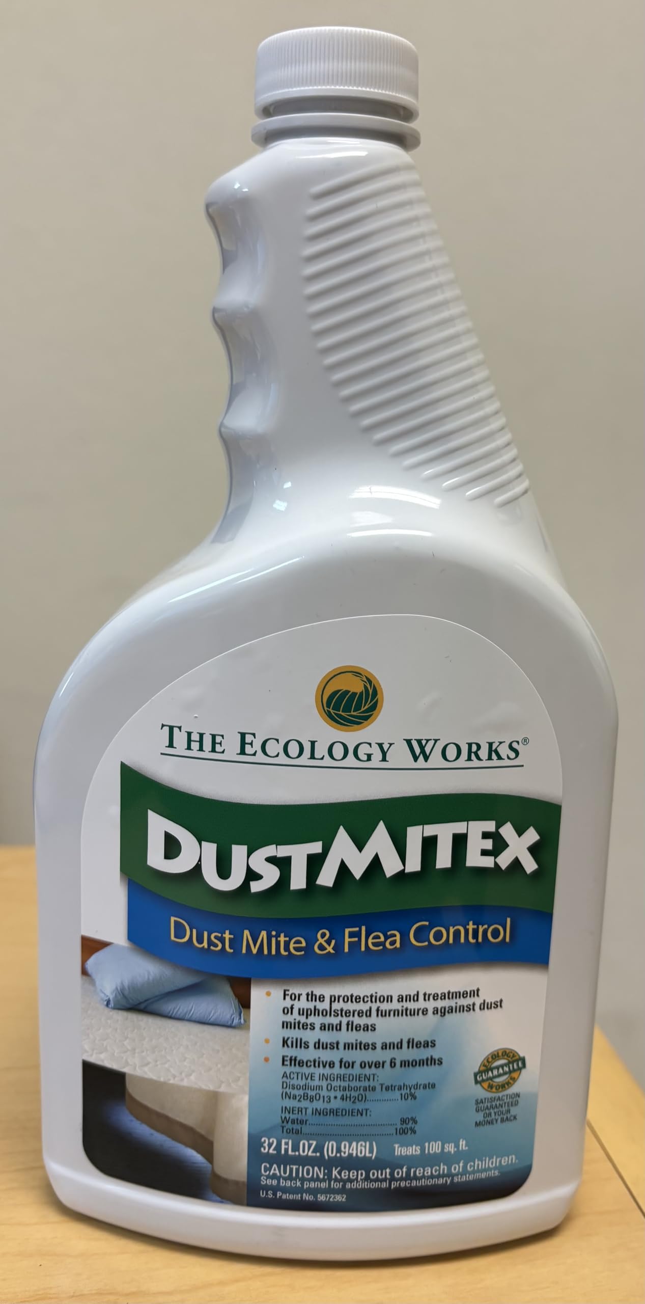 DustmiteX colorless odorless spray applied without residue on fabrics.