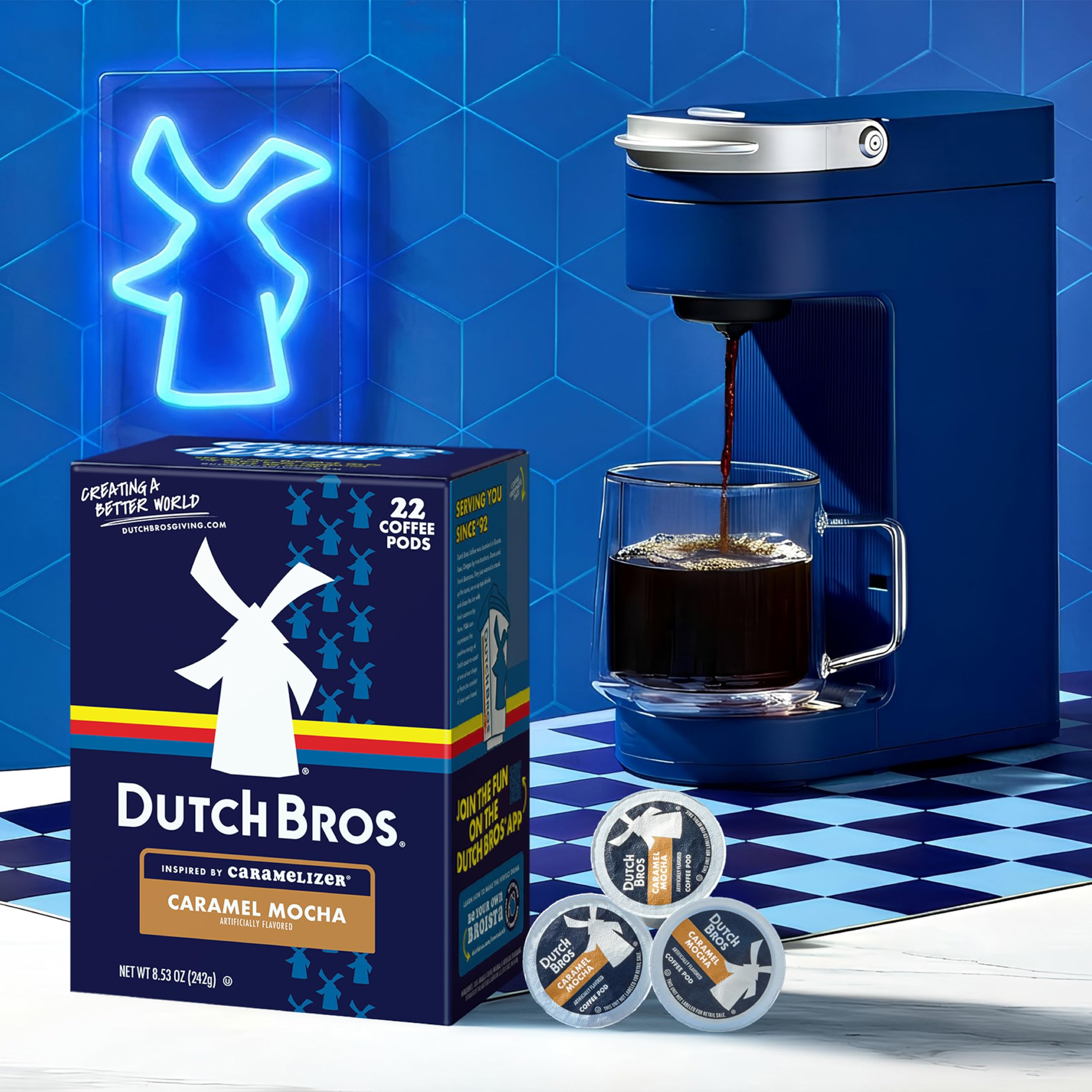 Dutch Bros Caramel Mocha coffee pod with cup view suggests cafe-style enjoyment at home.
