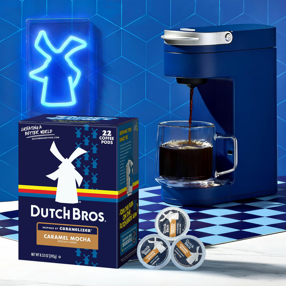 Dutch Bros Caramel Mocha coffee pod with cup view suggests cafe-style enjoyment at home.