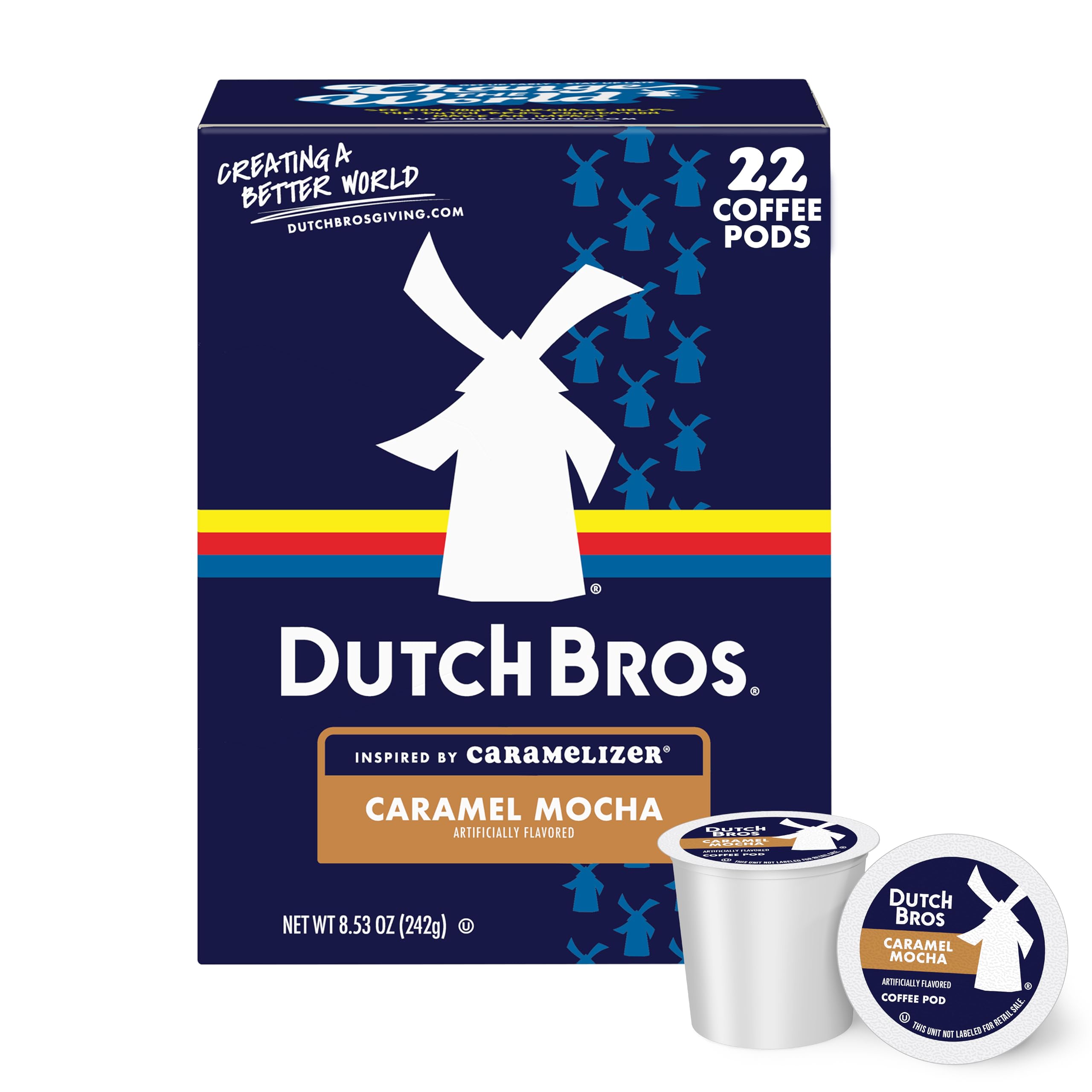 Dutch Bros Caramel Mocha coffee pod front view showcases premium flavor and convenience.