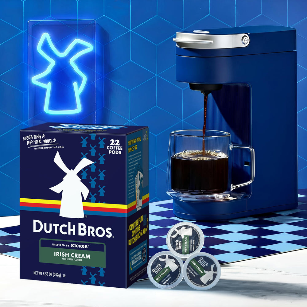 Dutch Bros Irish Cream pod in Keurig brewer demonstrating quick morning brew.