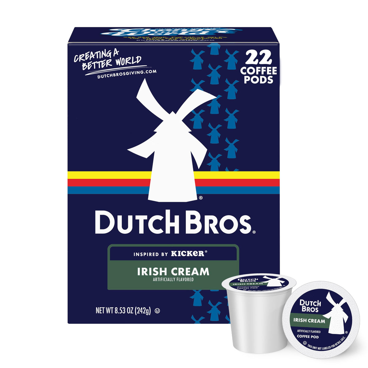 Dutch Bros Irish Cream pods box-front, convenient single-serve option for quick mornings.