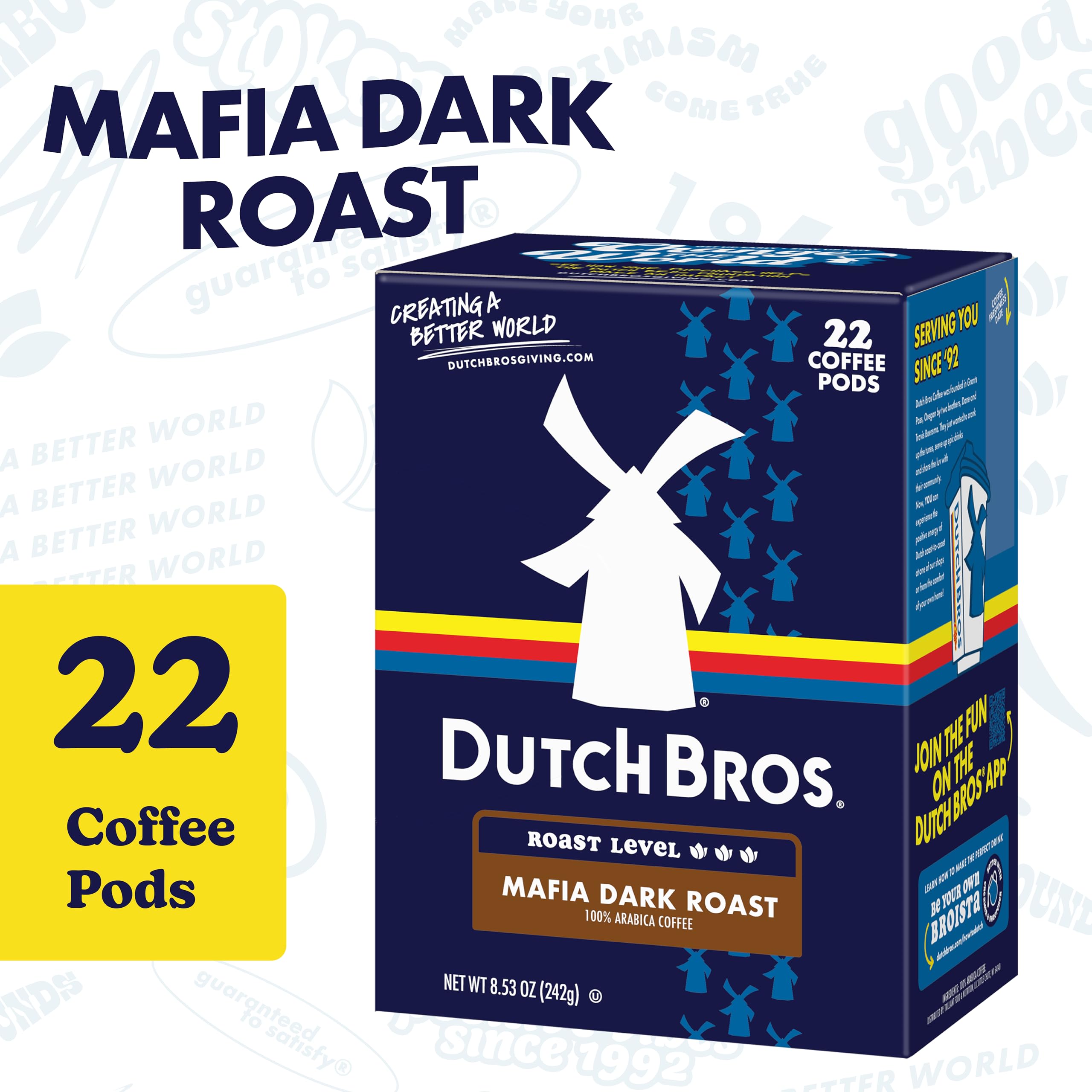 Dutch Bros Mafia Dark Roast pods closeup, rich aroma for mornings