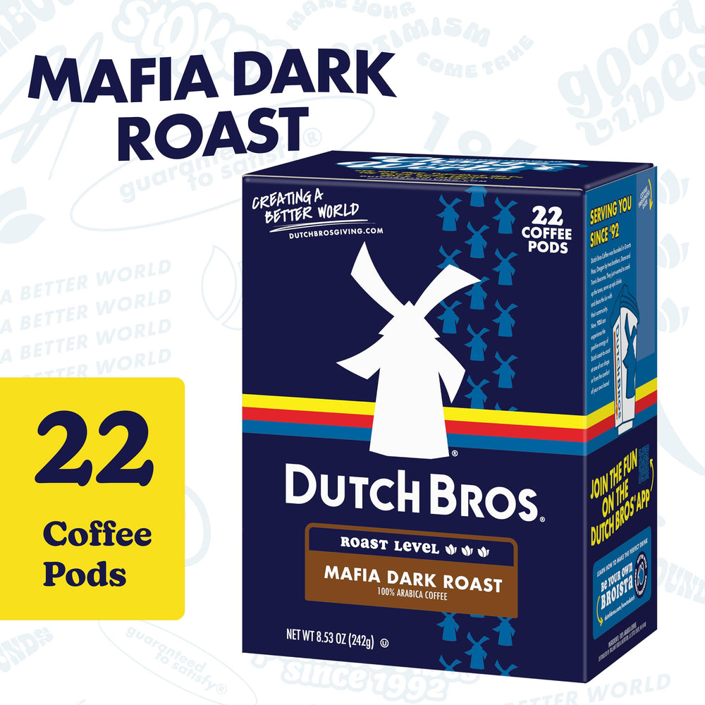 Dutch Bros Mafia Dark Roast pods closeup, rich aroma for mornings