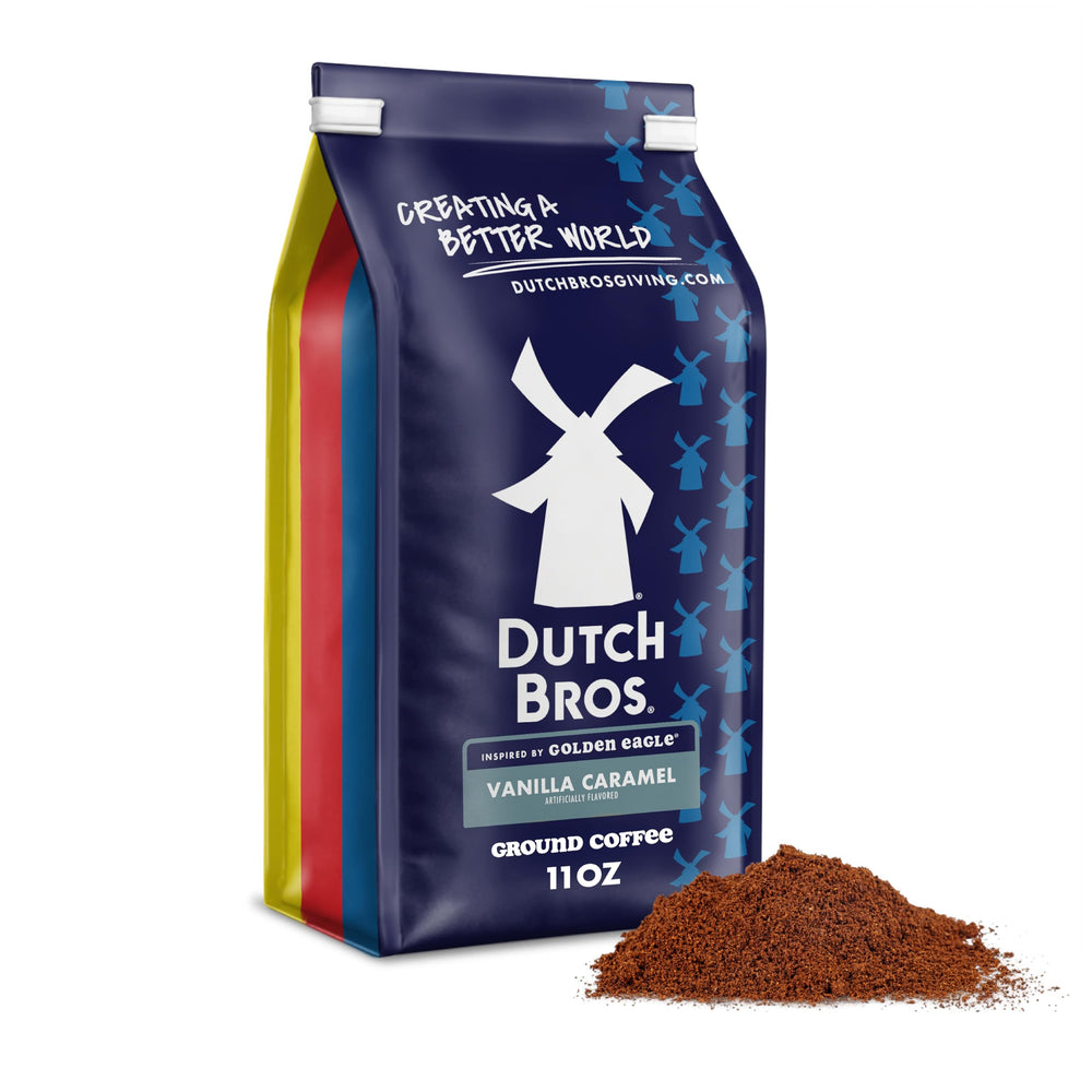 Dutch Bros Vanilla Caramel ground coffee bag for at-home brewing with rich vanilla caramel notes.