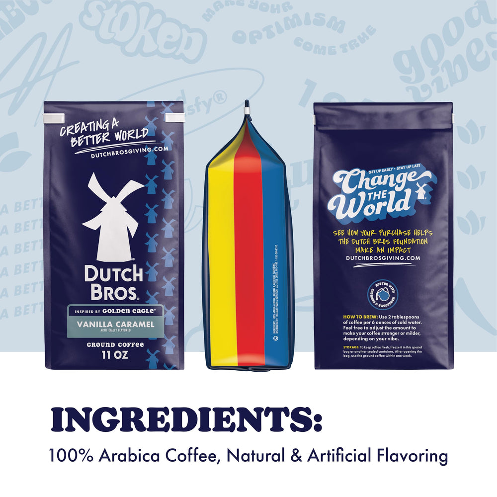 Dutch Bros Vanilla Caramel ground coffee in cup showcases a smooth, balanced aroma.