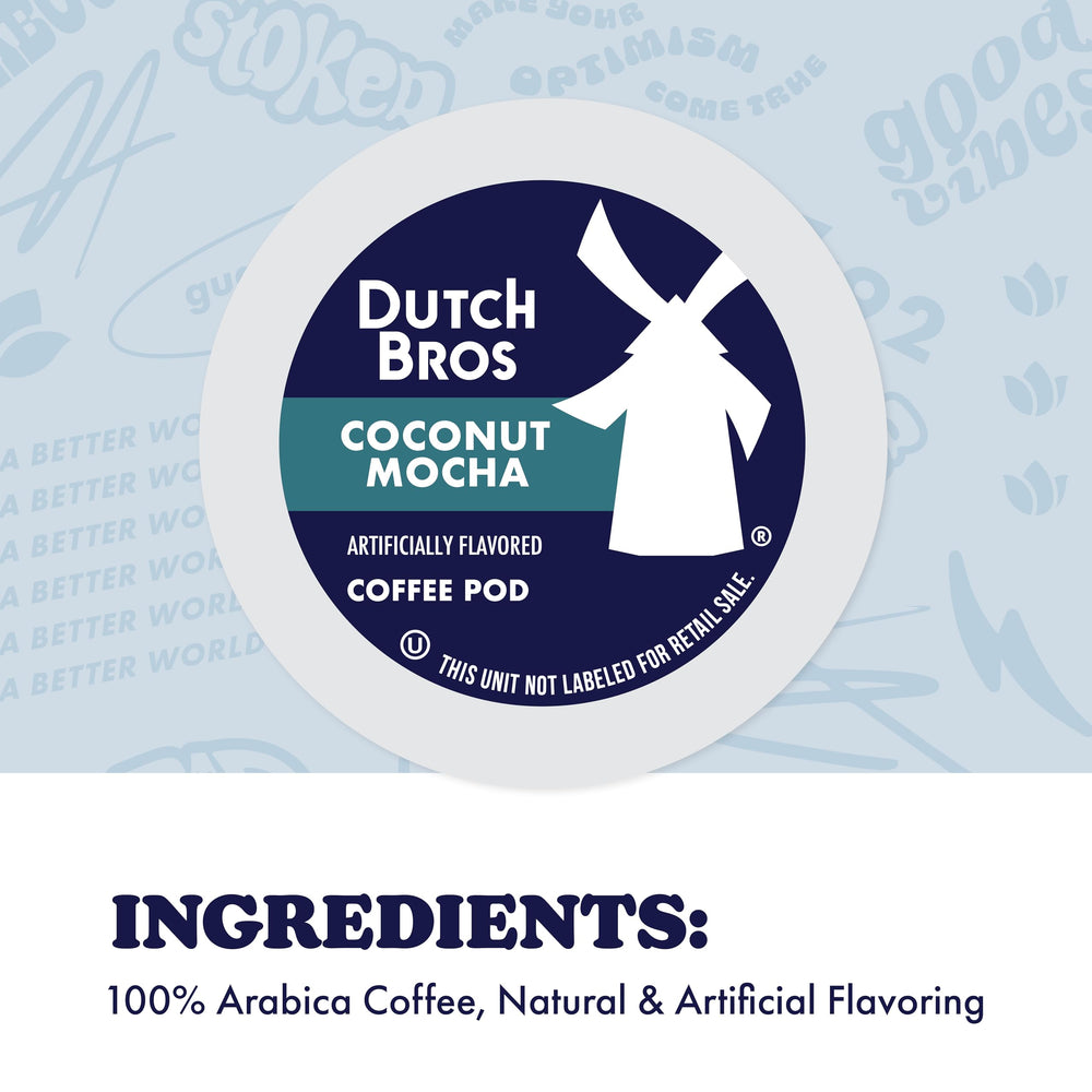 Pouring Dutch Bros Coconut Mocha coffee into a cup with a rich stream.