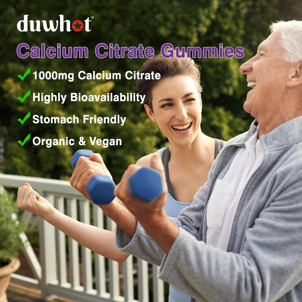 duwhot Calcium Citrate Gummies ingredients panel highlights vegan, non-GMO benefits