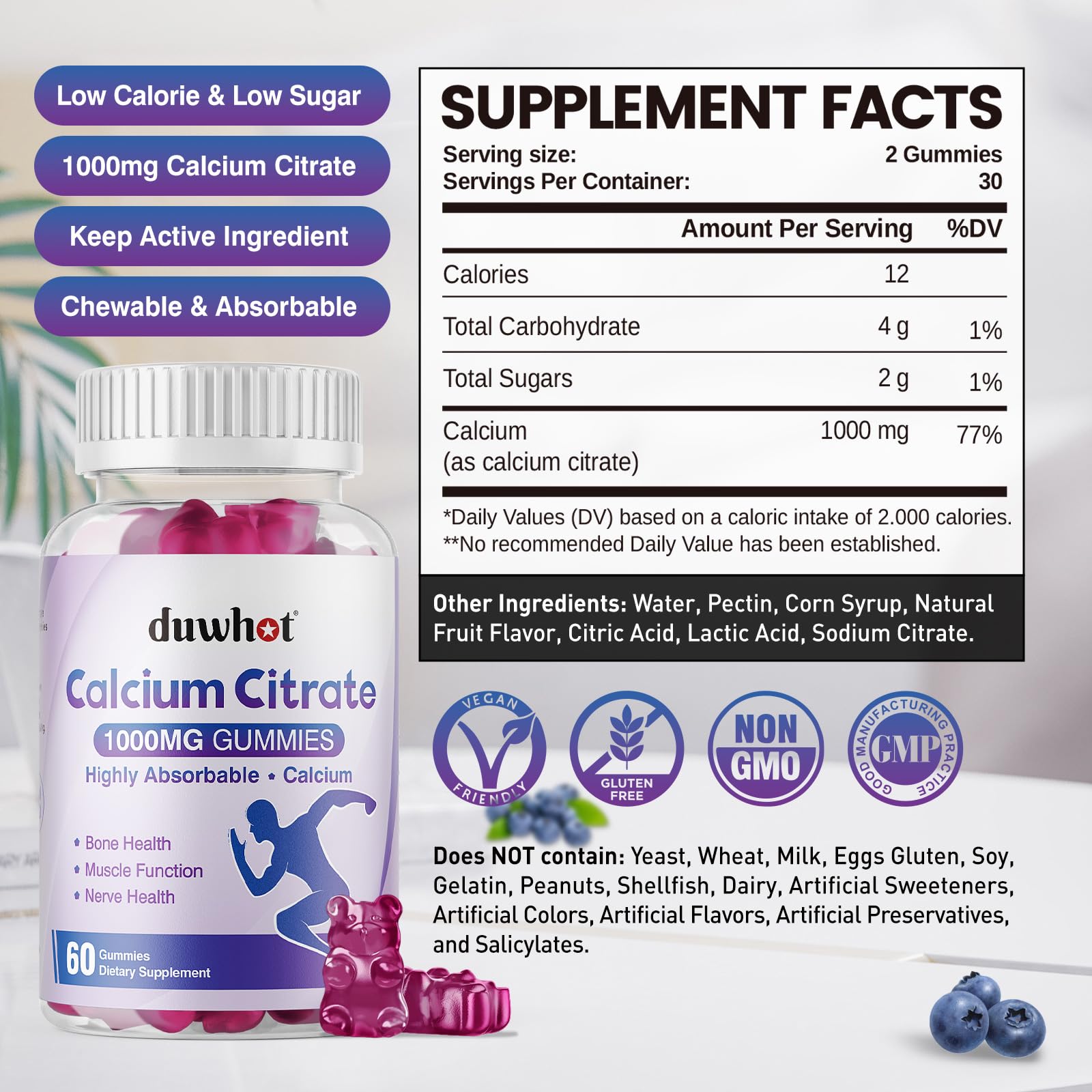 duwhot Calcium Citrate Gummies blueberry packaging highlights vegan and gluten-free formula