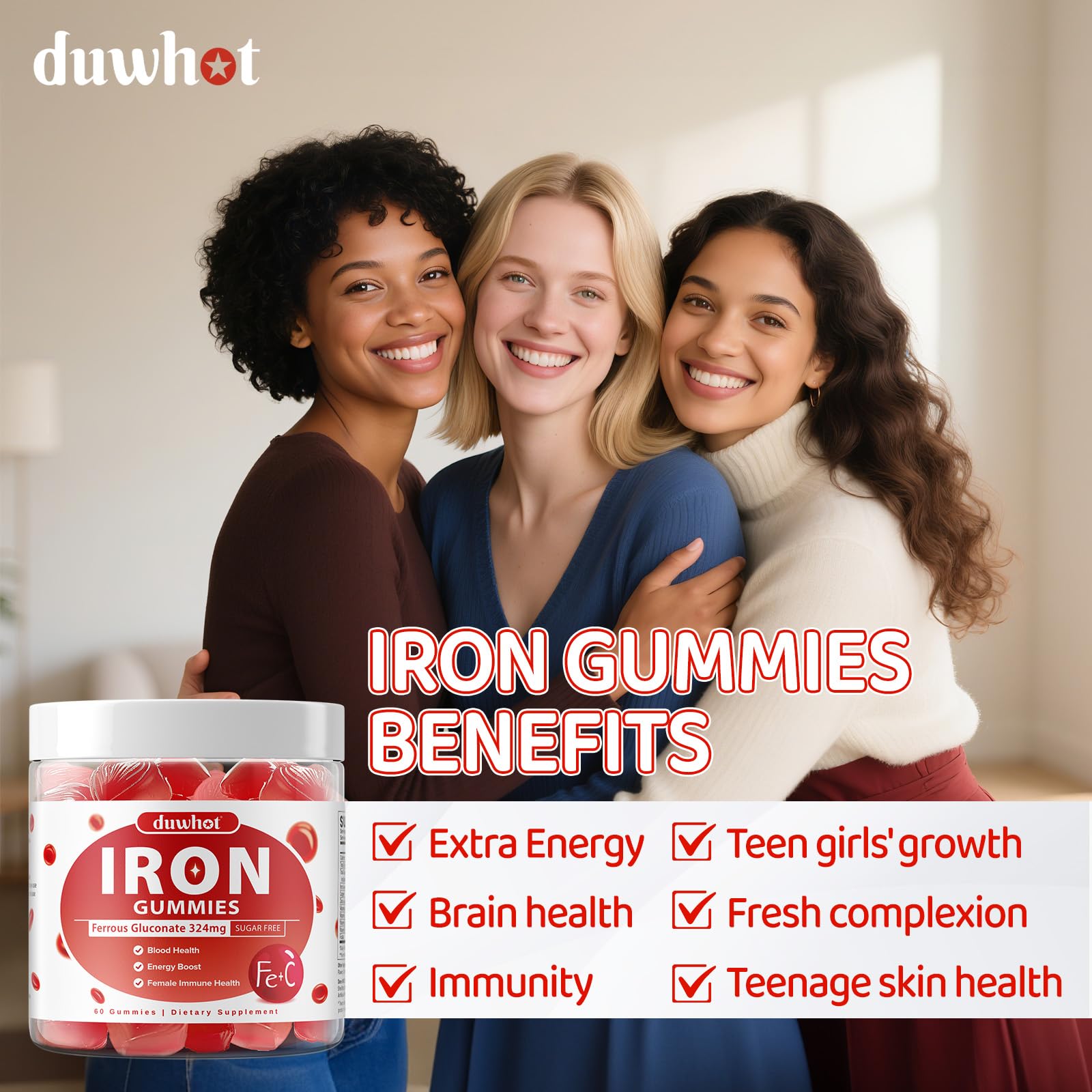 Duwhot bottle graphic lists zinc, copper, vitamin A and B for overall wellness.