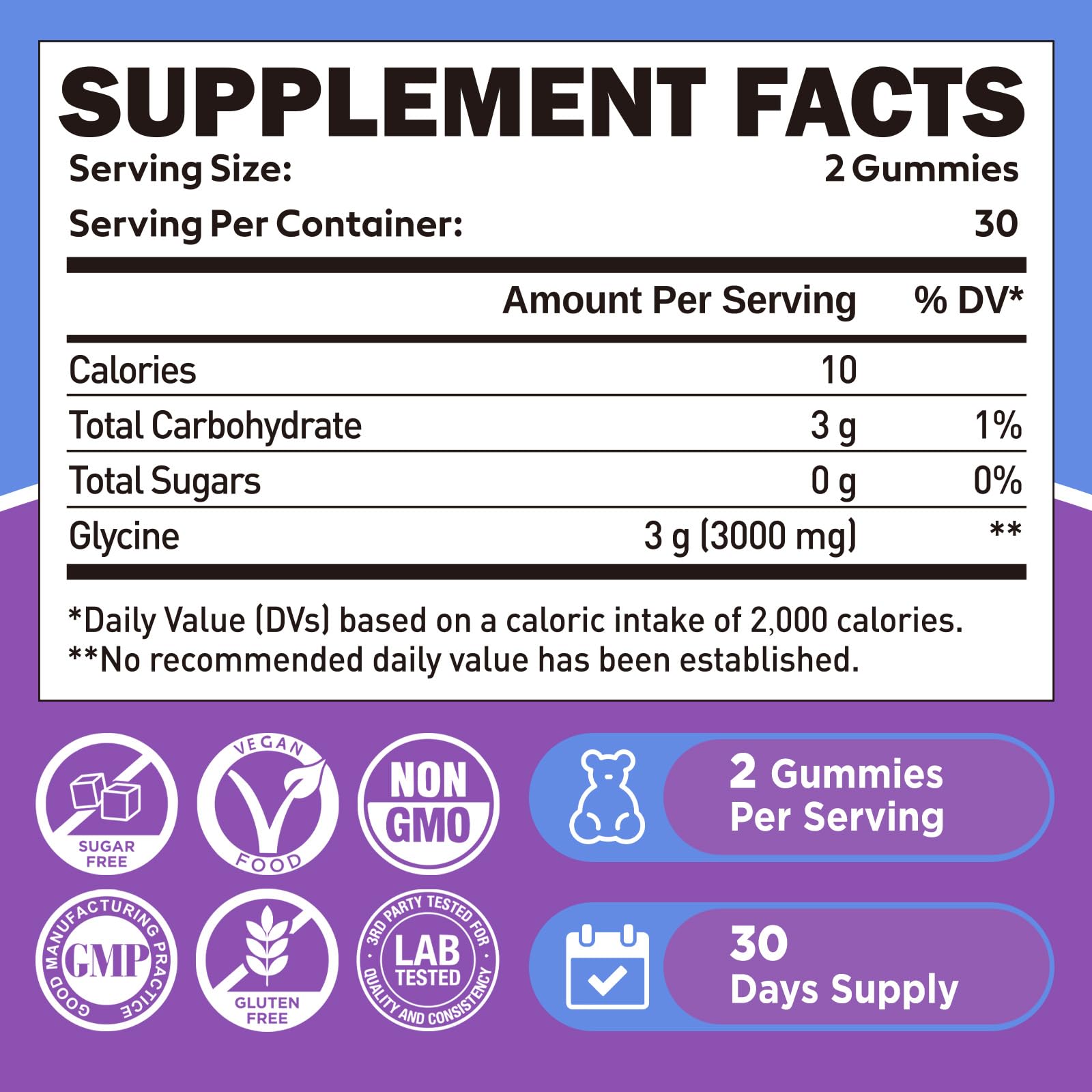 Duwhot Glycine Gummies close-up label highlights sugar-free vegan formula.